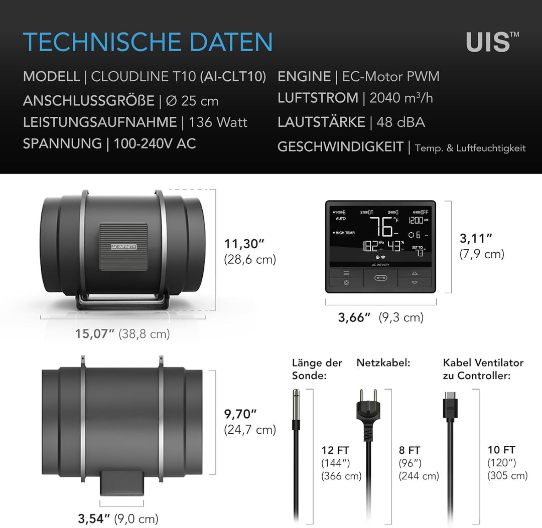 AC Infinity CLOUDLINE PRO T10 – Leises Inline-Lüftersystem 250 mm mit Temperatur-/Feuchtigkeits-VPD-