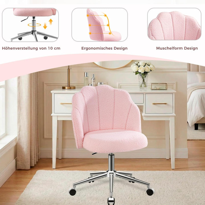Schminktisch Stuhl mit Rollen, Drehstuhl für Mädchen, Muschelstuhl für Schlafzimmer und Home Office,