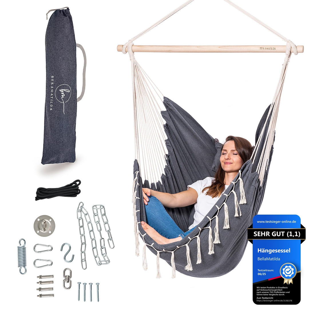 BELLAMATILDA® HÄNGESESSEL 3 Kissen &amp; Zubehör mit Seil und Haken | Hängeschaukel Outdoor &amp; Indoor | X