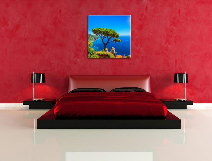 baum am blauen meer, Format: 70x70 auf Leinwand, XXL riesige Bilder fertig gerahmt mit Keilrahmen, K