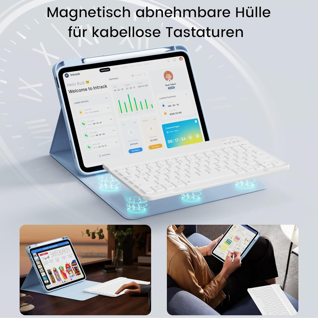 Hülle mit Tastatur für iPad 11/10 Generation mit Stifthalter, Magnetisch Abnehmbare Kabellose Blueto