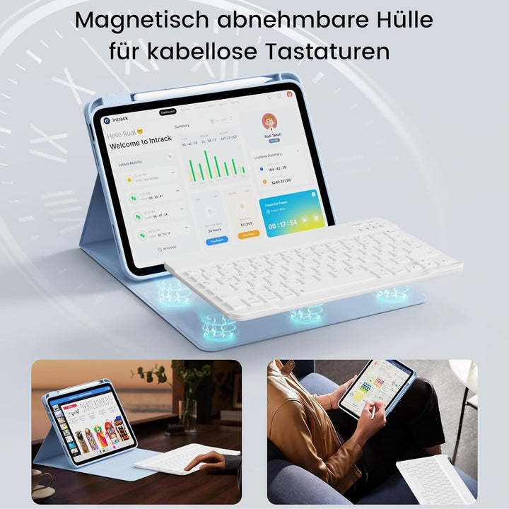 Hülle mit Tastatur für iPad 11/10 Generation mit Stifthalter, Magnetisch Abnehmbare Kabellose Blueto