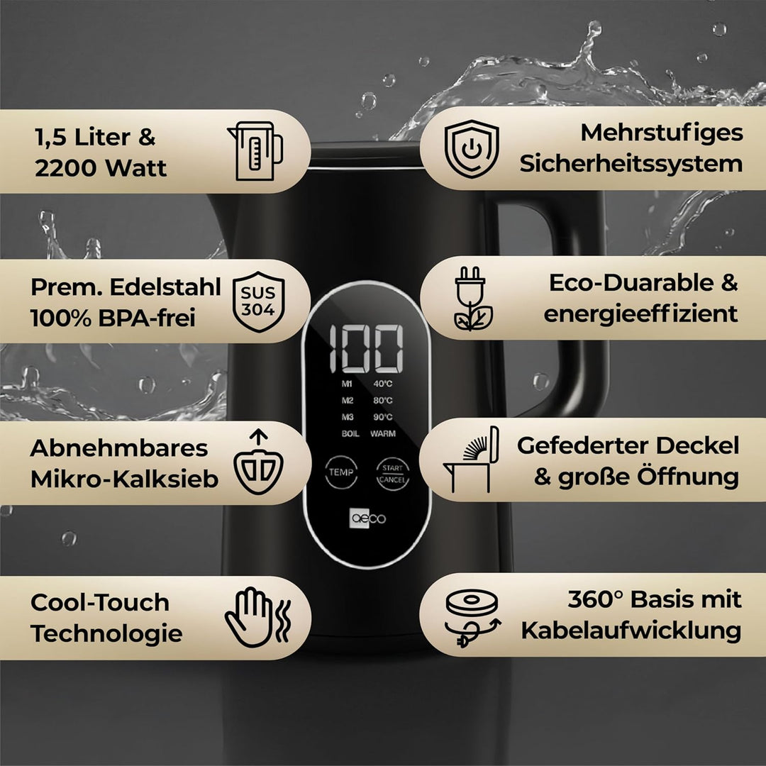 aeco AQA ELITE elektrischer Wasserkocher Edelstahl schwarz-matt mit Temperatureinstellung Tee-Kocher