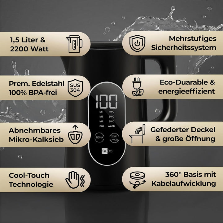 aeco AQA ELITE elektrischer Wasserkocher Edelstahl schwarz-matt mit Temperatureinstellung Tee-Kocher