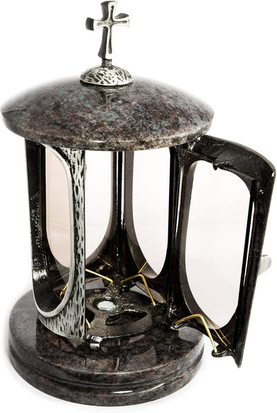 Stilvolle Grablaterne Anthrazit mit Kreuz Granit Orion dunkel Höhe 27 cm/Ø 15 cm Grableuchte Grablic