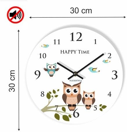 FLEXISTYLE Moderne Wanduhr für Kinder Eule 2 30cm, still, oval, Zimmer für Kinder, Schule, Kindergar