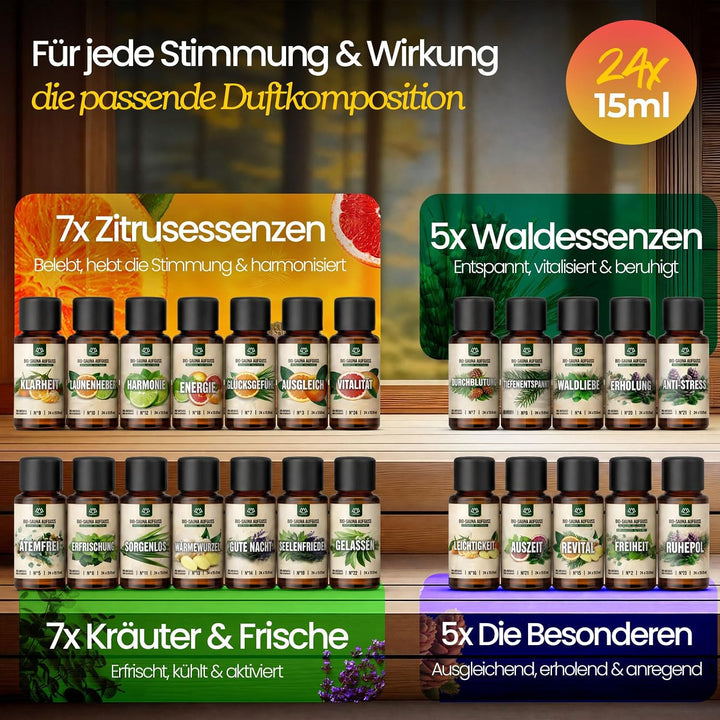 NORDHOLZ® Saunaaufguss Discovery Box 24x10ml BIO [NATURREINE ÄTHERISCHE BIO-ÖLE] Sauna Aufgussmittel