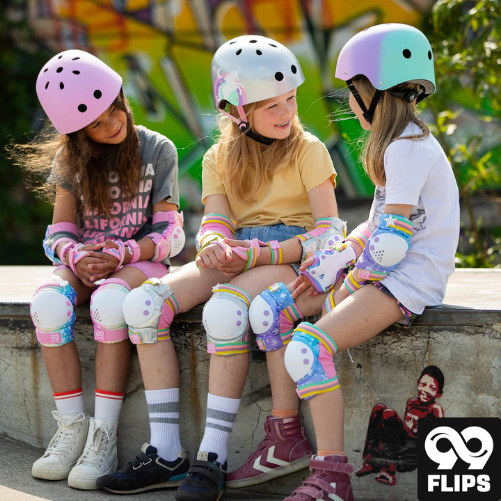 99FLIPS Inliner Schoner Kinder Set - TÜV Rheinland GS Zertifiziert mit Einhorn Beutel für Skateboard