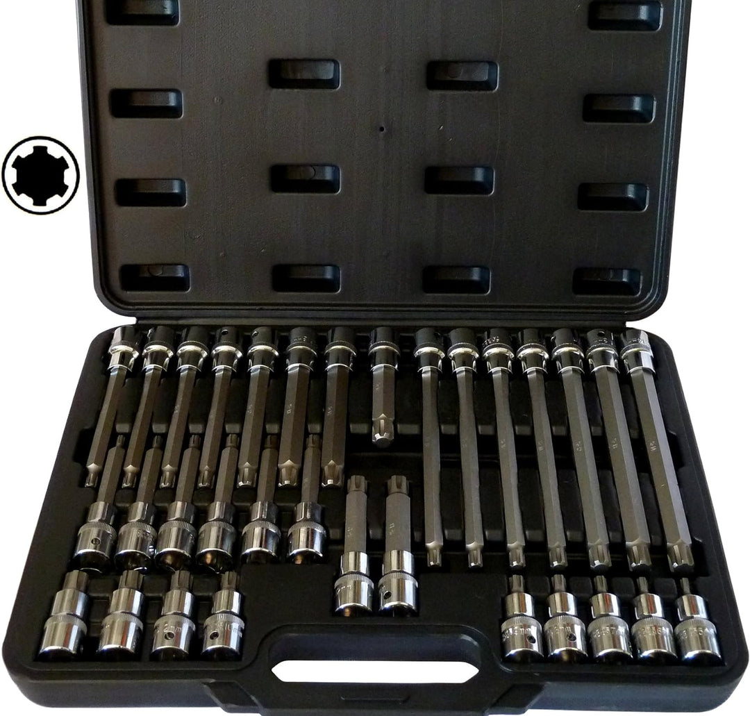 PeTools, 32tlg. RIBE, Keilnut (+15% Härtegrad, da S2-Stahl) 1/2" Steckschlüssel-Satz, M5-M14 Bit-Ein