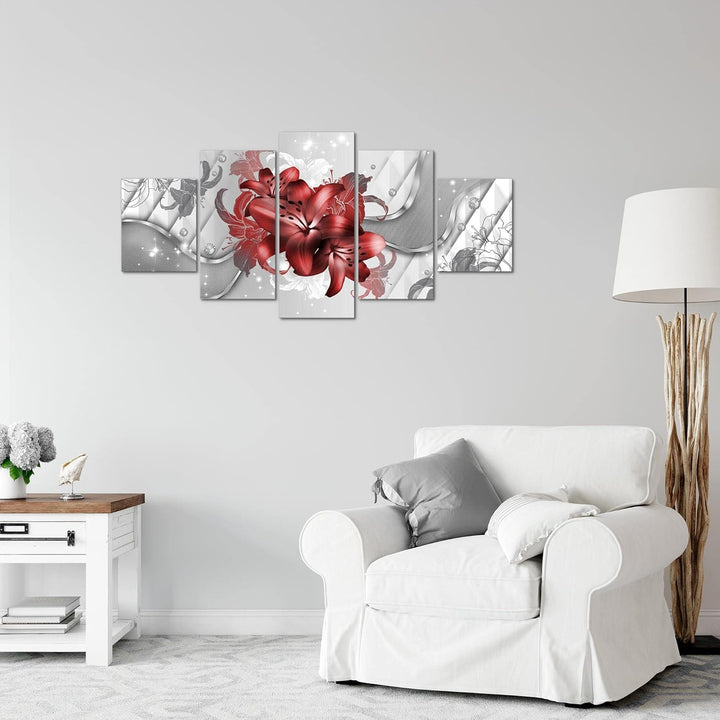Runa Art Wandbilder Blumen Lilien 5 Teilig Bild auf Vlies Leinwand Deko Wohnzimmer Abstrakt Rot Weis