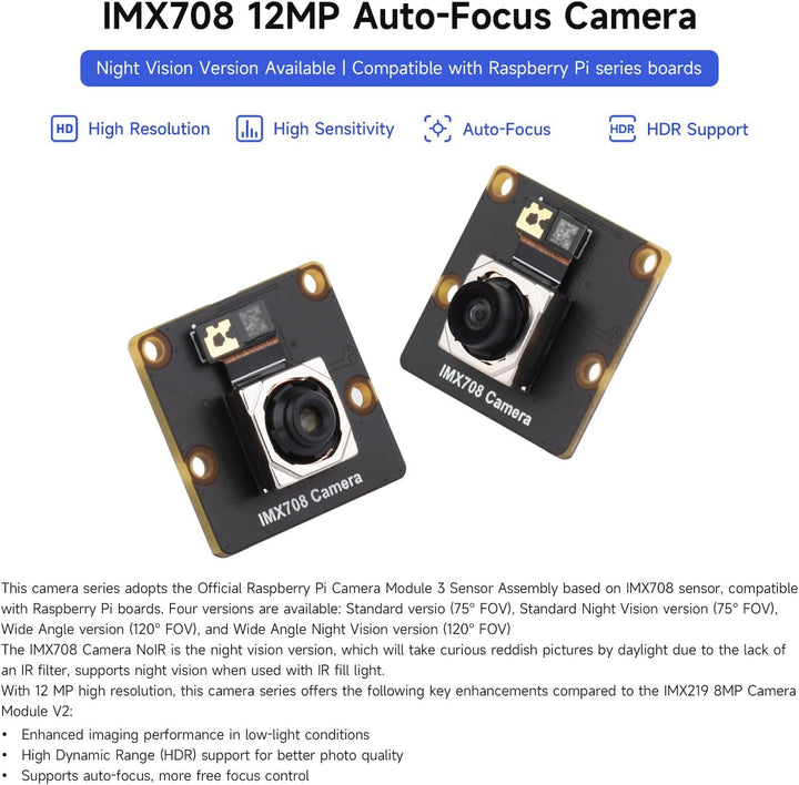Waveshare IMX708 12MP High Resolution Camera Module, Featuring High Dynamic Range, with Wide Angle V