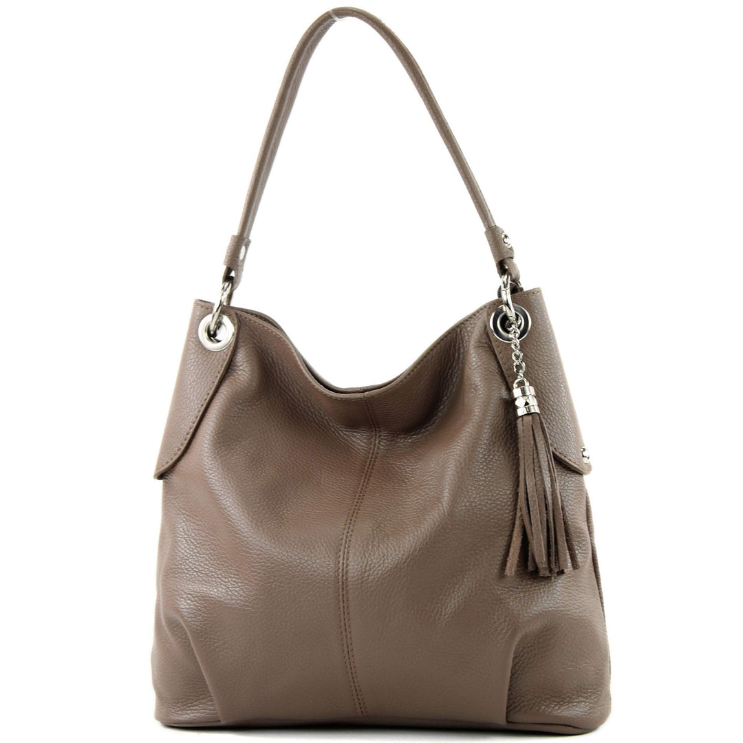 modamoda de - T185 - ital. Damen Schultertasche aus Leder Blassbraun, Blassbraun