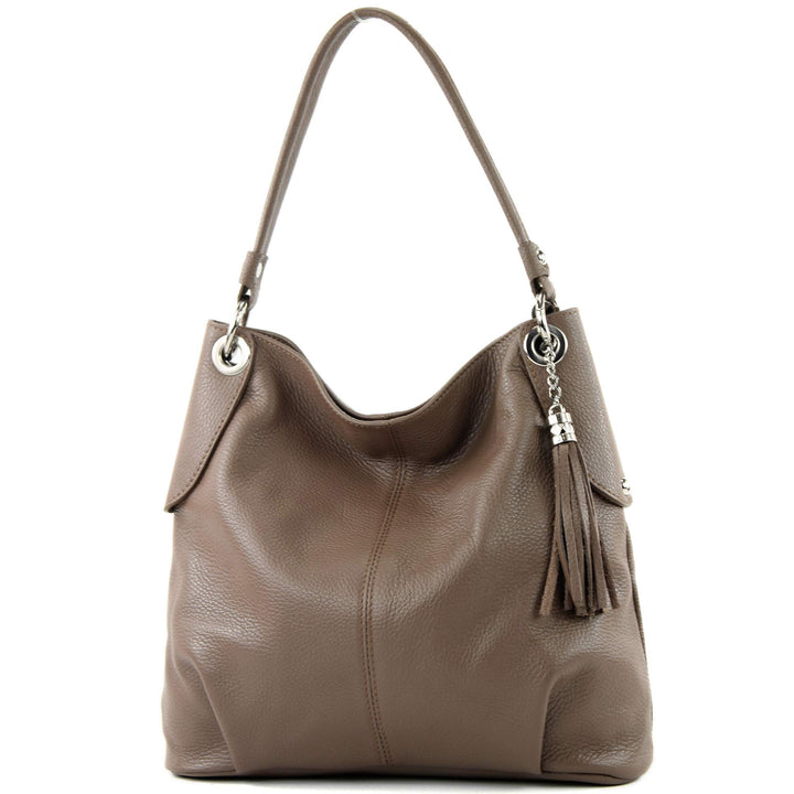 modamoda de - T185 - ital. Damen Schultertasche aus Leder Blassbraun, Blassbraun