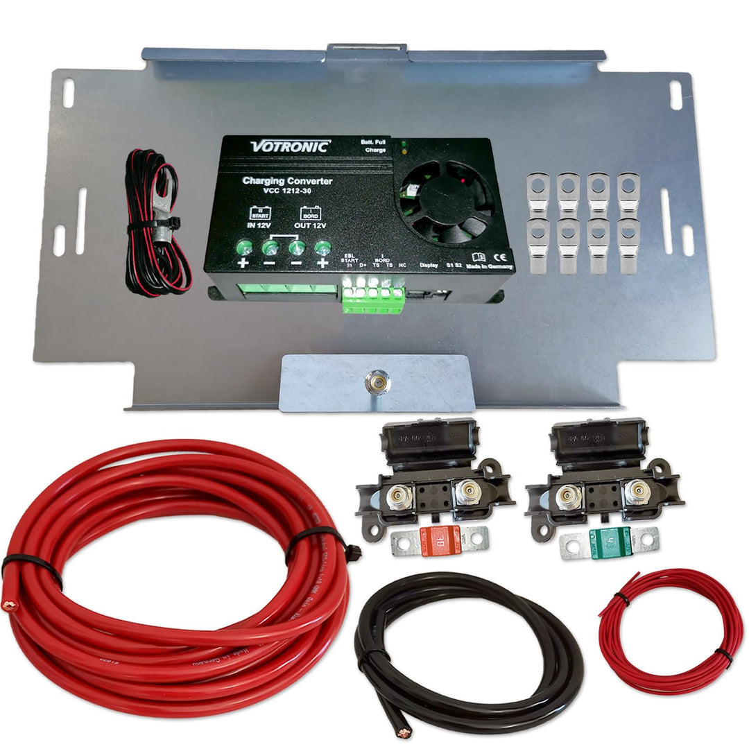 Zweitbatterieset | Votronic VCC 1212-30 Ladebooster | 12V 30A | 6m 10mm² Kabel | Batteriehalter VW T