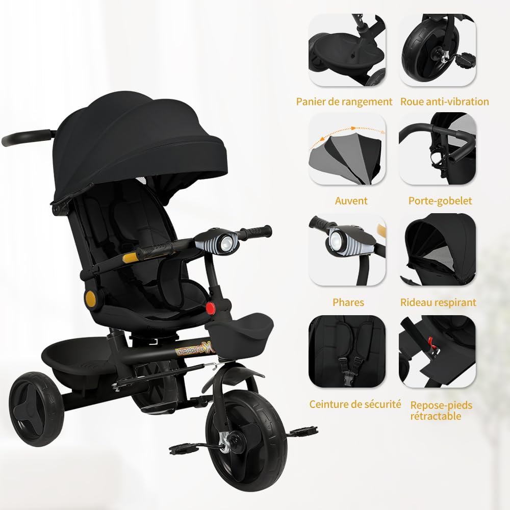 Multi-Funktions-Kinderdreirad, Dreirad 5 in1, Kleinkind-Dreiräder-Kinderwagen, mit Verstellbarem Sch