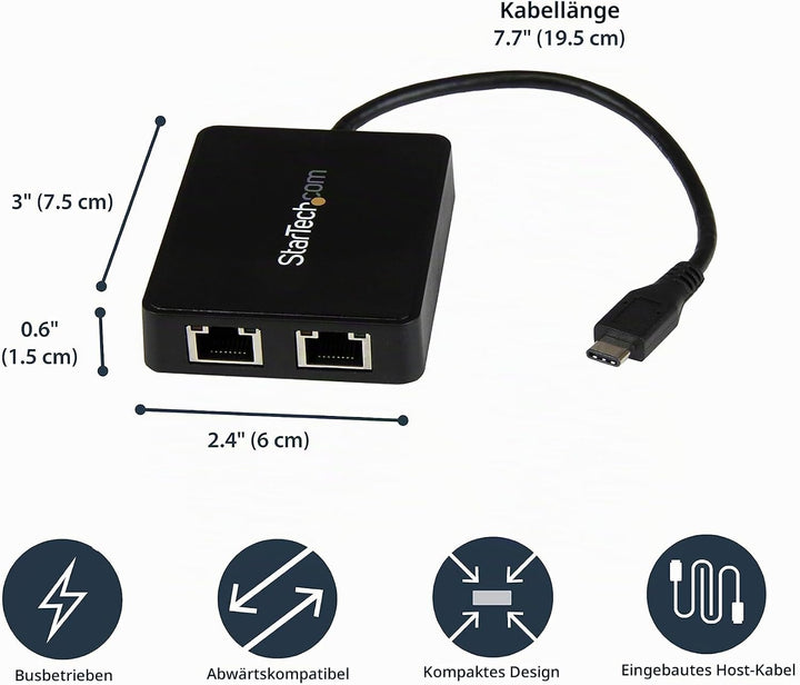 StarTech.com USB-C auf Dual Gigabit Ethernet Adapter mit USB 3.0 (Typ-A) Port - USB Typ-C Gigabit Ne