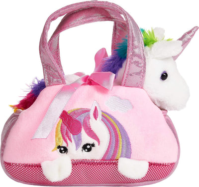 BRUBAKER Einhorn Tasche Regenbogen - 20 cm - Plüschtier in Handtasche - Plüsch Stofftier Kuscheltier