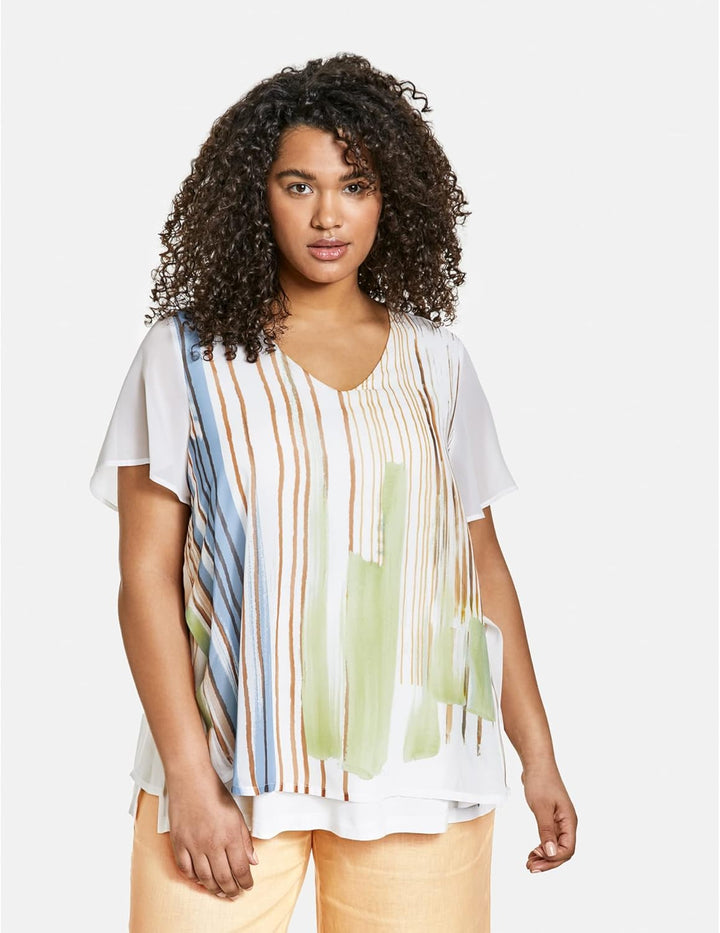 Samoon Damen T-Shirt 46 Offwhite Gemustert, 46 Offwhite Gemustert