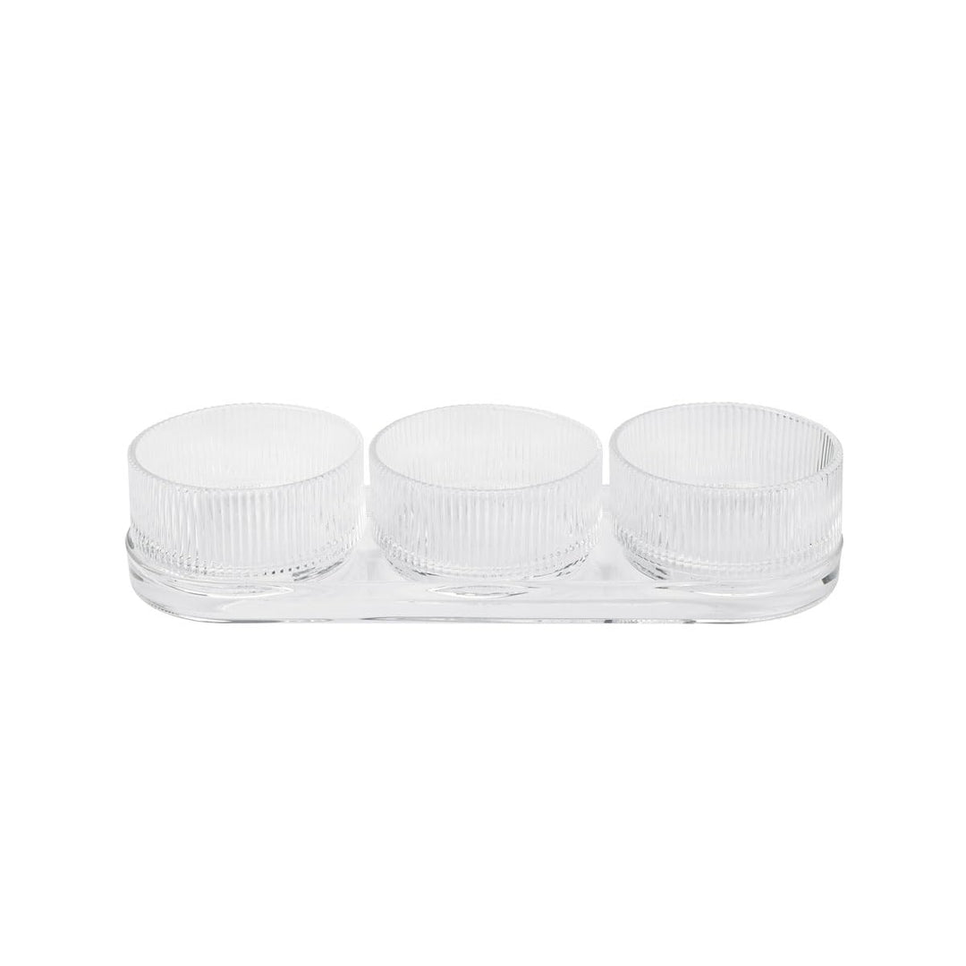 Stelton Pilastro Tapas Set aus geriffeltem Glas - 3 Glasschalen auf Glasplatte für Tapas, Oliven, Er