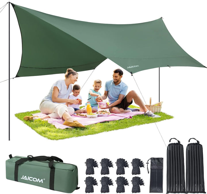 JAICOM Tarp 3,7 x 4,3 Wasserdicht, Ultraleicht Zeltplane Mit Stützstangen, Ösen, Aluminiumstiften, N