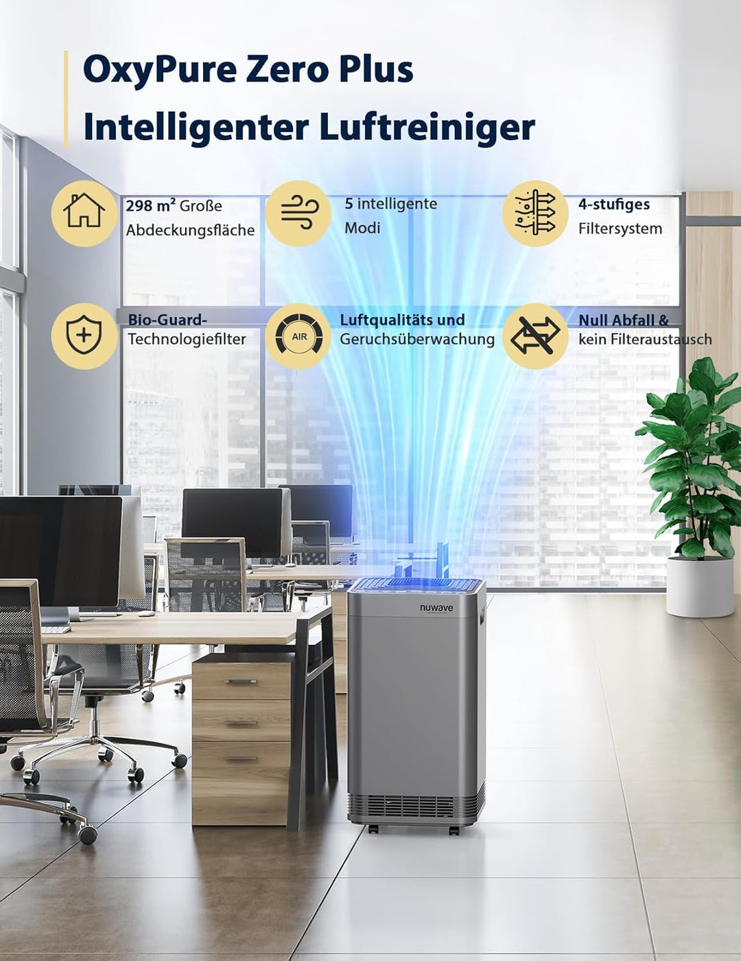 Nuwave OxyPure Zero Plus Luftreiniger, Deckt bis zu 298 m² Grosse Räume, Kein Filterwechsel Entfällt