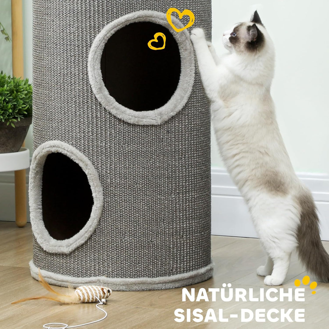 PawHut Kratztonne, 60 cm Hoch Ø 35 cm zweistöckige Katzentonne mit 2 Höhle, Kratzbaum mit Plüschrand