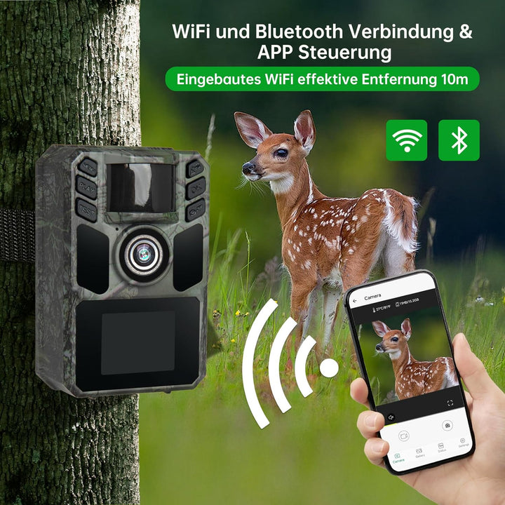 FKPCAM Wildkamera Solar WLAN mit Handyübertragung App, 4K HD Video 64MP Eingebaute 5000mAh Lithium-B