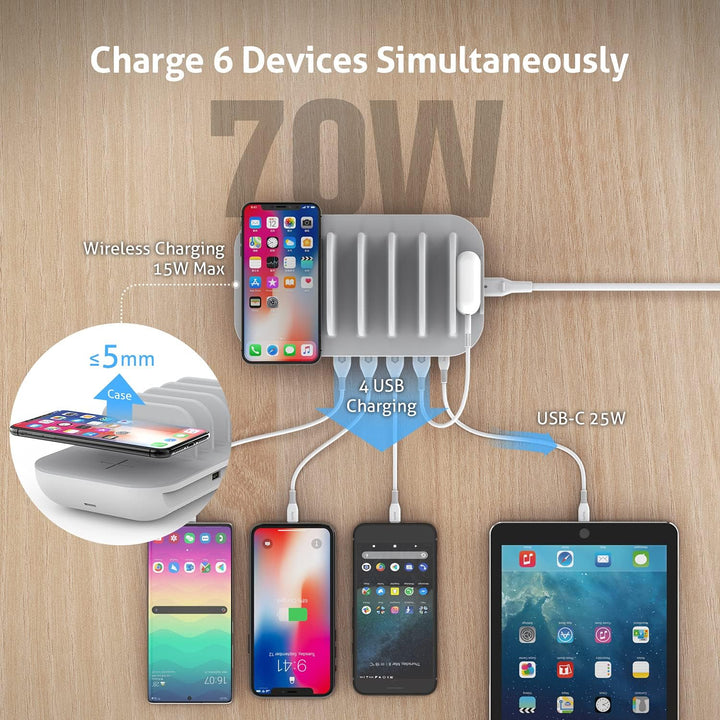 SooPii 70W Ladestation für mehrere Geräte, 5 Port Ladestation mit 15W Wireless Charger, 25W USB C PD