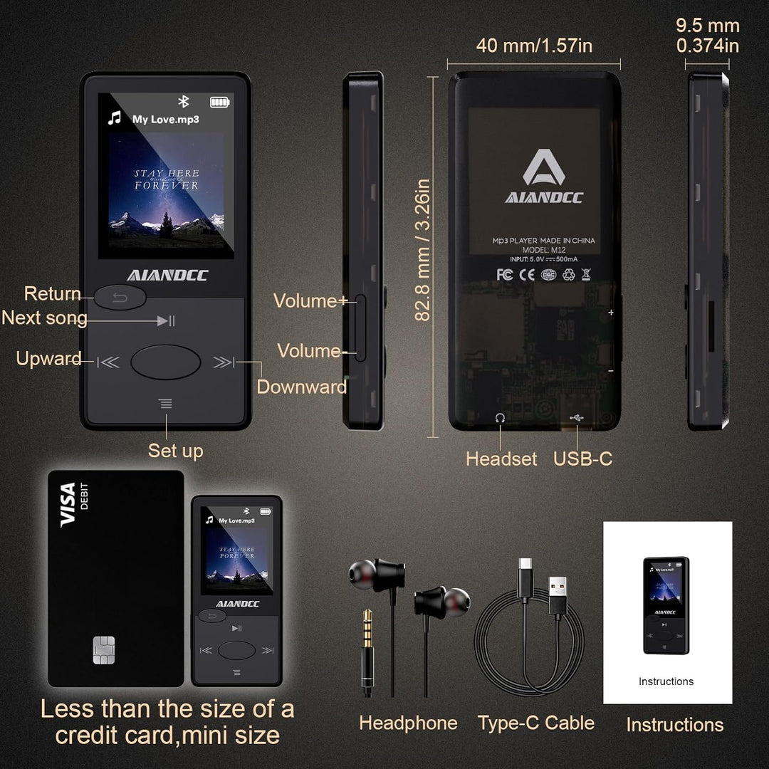 Mp3 Player Bluetooth 5.3 HiFi-Sound, Mp3 Player FM-Radio, Mini Mp3-Player 32G für Kinder und Erwachs