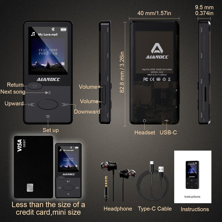 Mp3 Player Bluetooth 5.3 HiFi-Sound, Mp3 Player FM-Radio, Mini Mp3-Player 32G für Kinder und Erwachs