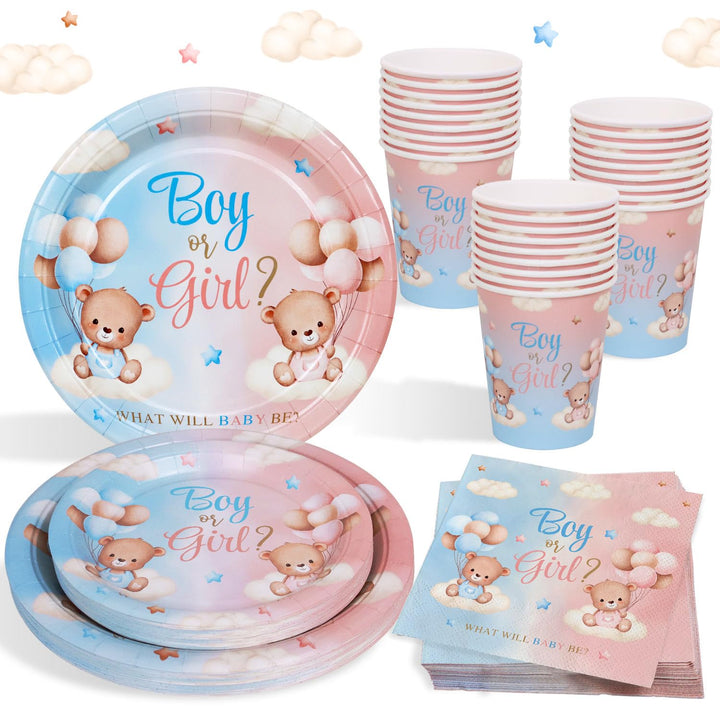 Gender Reveal Party Deko Partygechirr Set für 24 Gäste, 96pcs Babyshower Wiederverwendbare Papptelle