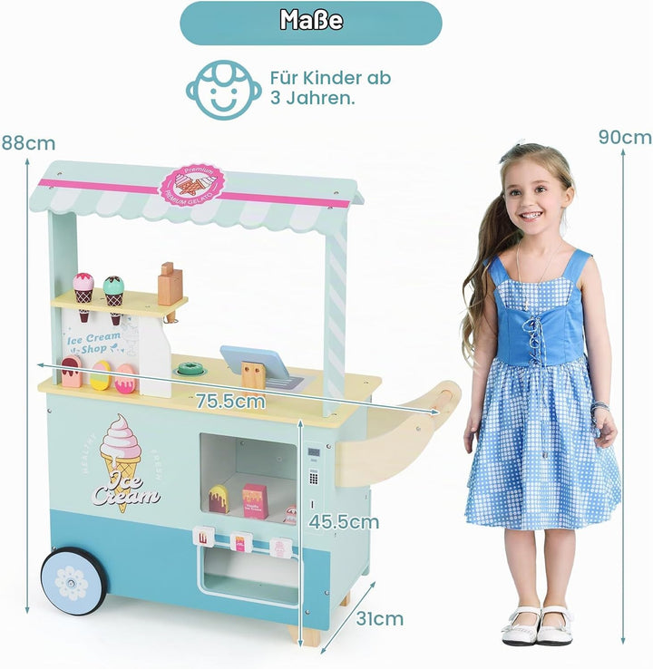 HOMASIS Kinder Eiswagen Holz mit 15 Zubehör, Kaufladen mit 6 Spielzeug-Eiscreme, Eismaschine, Verkau