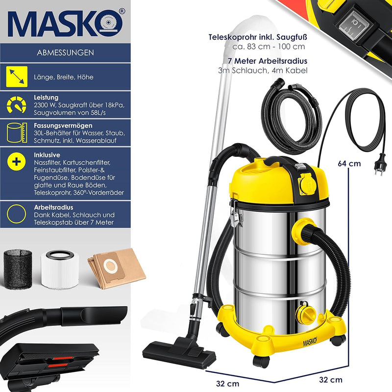 MASKO® Industriestaubsauger Staubsauger Nass Trocken Sauger Edelstahl 2300W + Steckdose | Blasfunkti