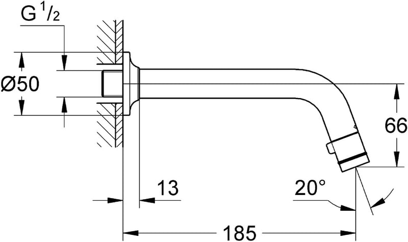 GROHE Universal Waschtisch, Wandauslaufventi, Ausladung 185mm, chrom 20203000, Silber, Silber