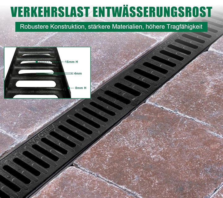 3m Entwässerungsrinne mit B125 Gussrost GJS - 1000 x 155 x 140 mm - Bodenrinne Ablaufrinne für Garag