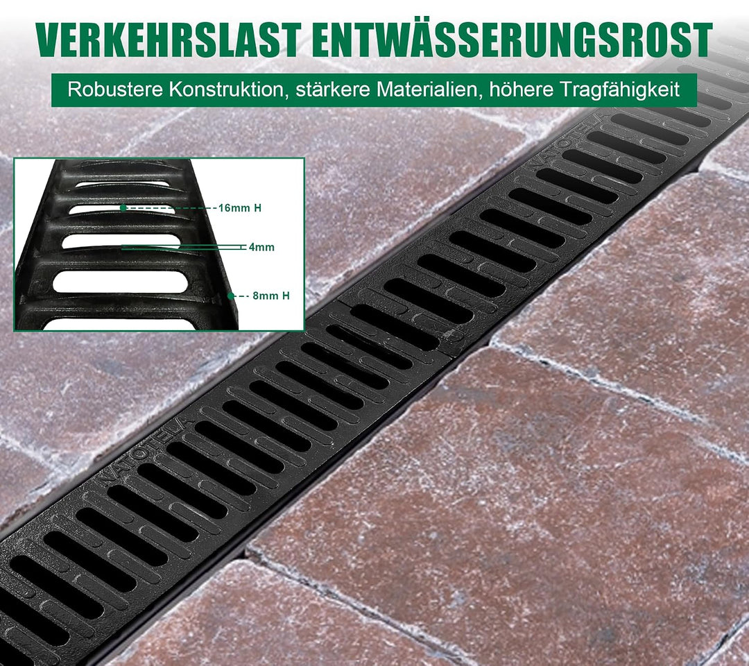 3m Entwässerungsrinne mit B125 Gussrost GJS - 1000 x 155 x 140 mm - Bodenrinne Ablaufrinne für Garag
