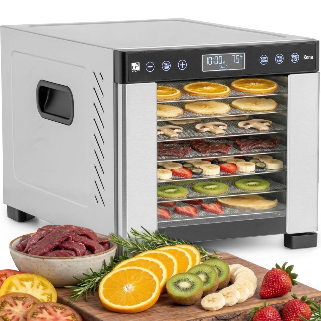 Dörrautomat/Obsttrockner G21 Kona, Edelstahl, 600 W, Zeitschaltuhr, 7 Trockenplatten, 7 Feinsiebe, D