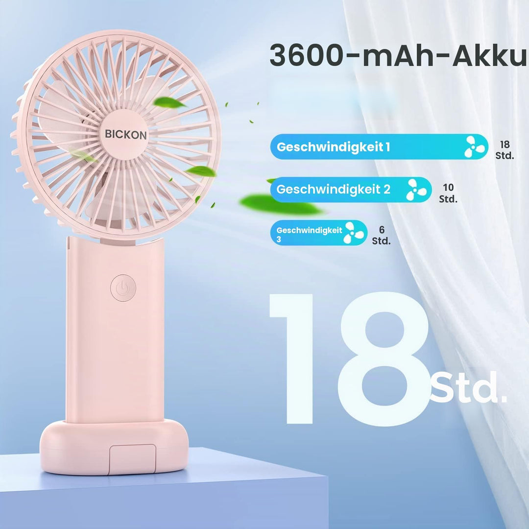 Mini Ventilator, Handventilator Tragbarer mit 3 Windgeschwindigkeit, Faltbarer Leise, 3600mAh Akku U