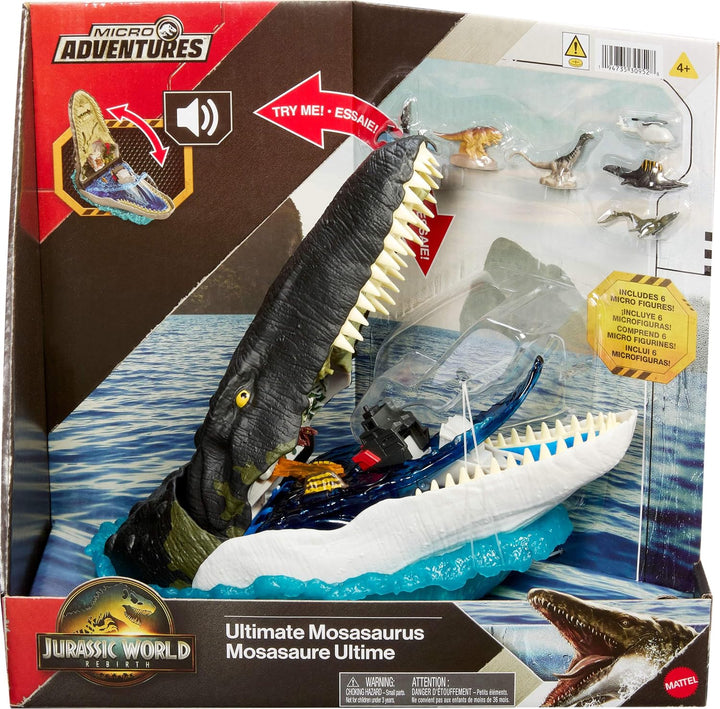 Mattel Jurassic World Rebirth Deluxe-Mosasaurus-Spielset mit 7 interaktiven Funktionen, 7 Soundeffek