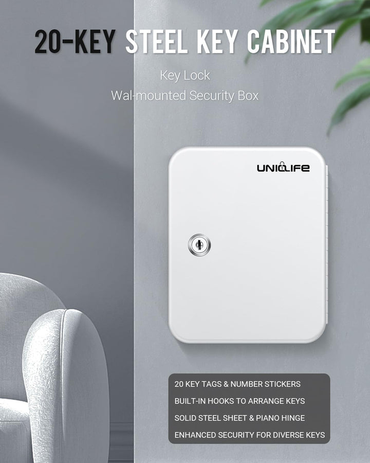 Uniclife Schlüsselschrank mit 20 Positionen, mit Schlüsselschloss, Wandmontage, weiss, Sicherheits-A