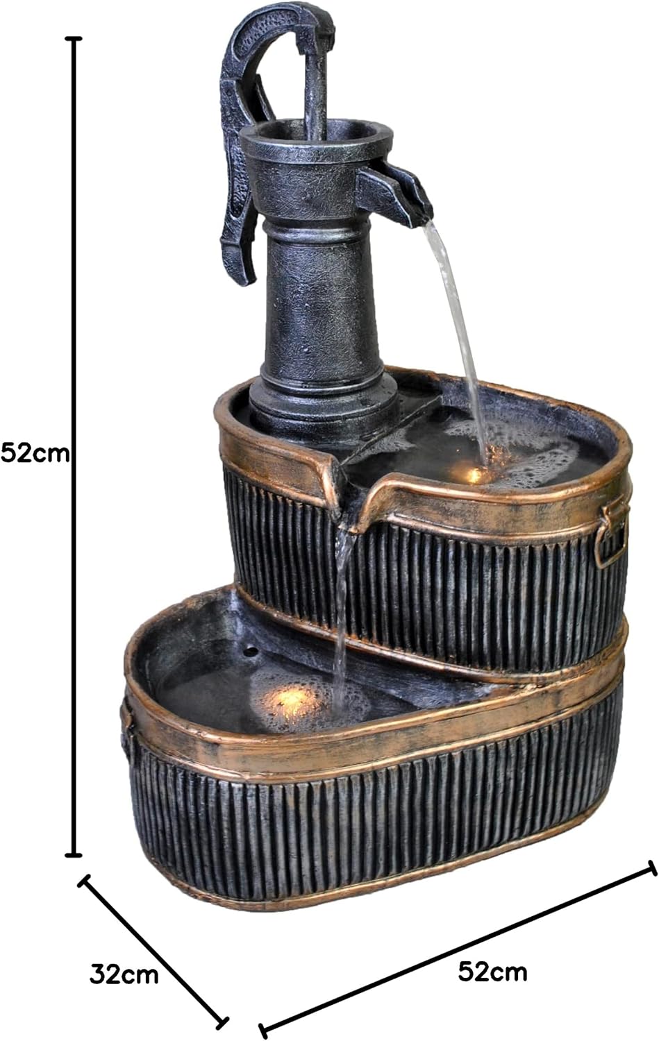 Wehmann Gartenbrunnen Cornwall Terrassenbrunnen mit Beleuchtung, Altmessing / Schwarz