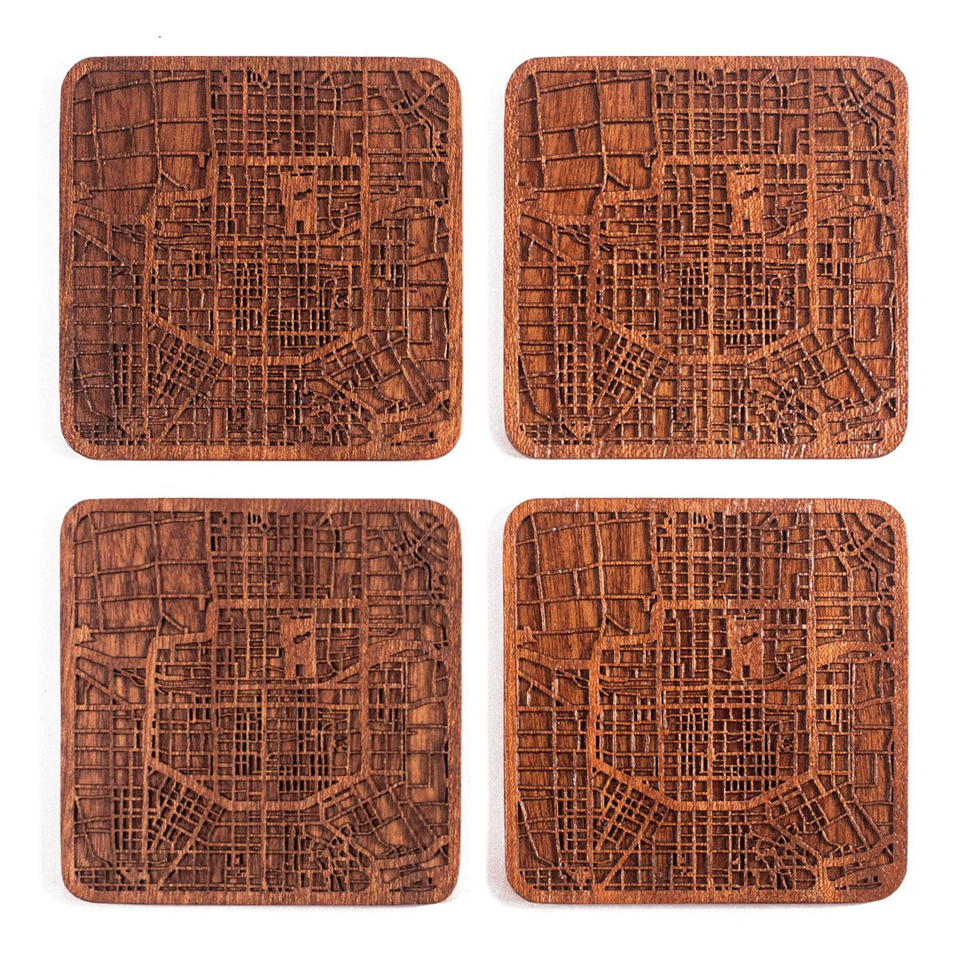 Xi'an Untersetzer mit Landkarte aus Sapeli-Holz, 4 Stück, mit Stadtkarte, mehrere Stadt optional, ha