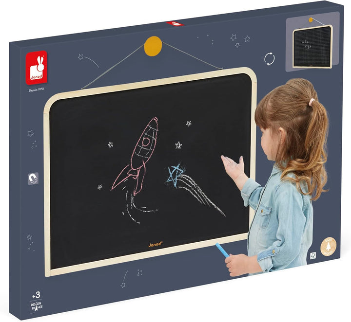 Janod - Grosse Magnetische, Beidseitige Wandtafel - Schreiben und Zeichnen - 3 Kreiden + 1 Bürste -
