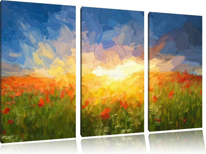 Pixxprint Blühende Mohnwiese in der Sonne Pinsel Effekt 3-Teiler Leinwandbild 120x80 Bild auf Leinwa