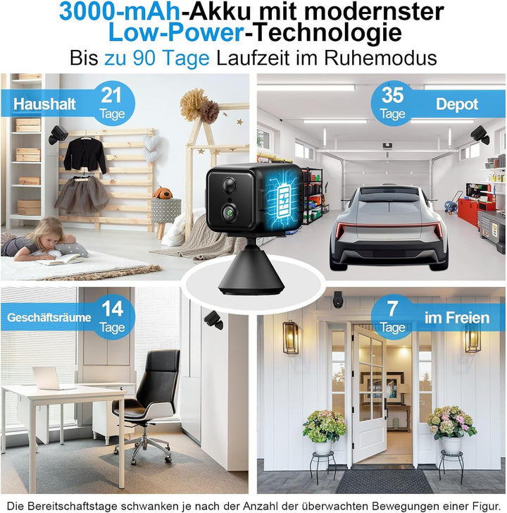 iPalamila Mini Kamera, Kamera Überwachung Innen WLAN 2,4/5 GHz, 2K HD Akku Überwachungskamera mit Be
