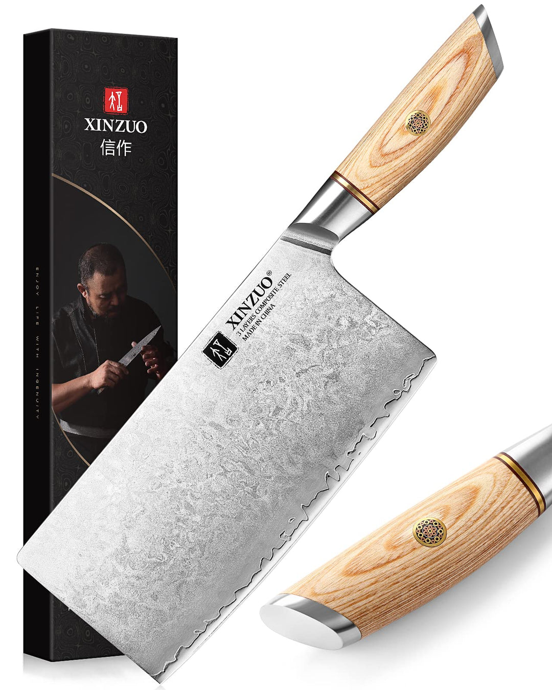XINZUO 19cm Hackmesser Verbundstahl 10Cr15CoMoV, Profi Chinesisches Kochmesser Edelstahl Hackbeil, 3