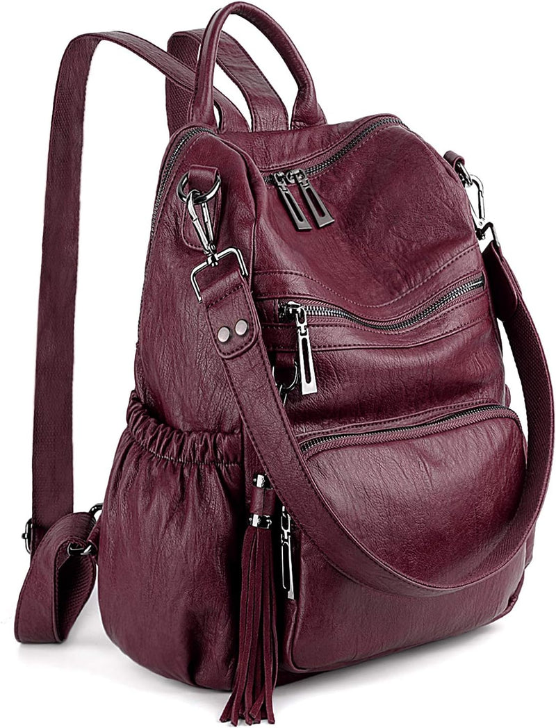 UTO Damen Rucksack PU Washed Leder Modischer Multifunktionsrucksack mit Quastendesign Lässige Schult