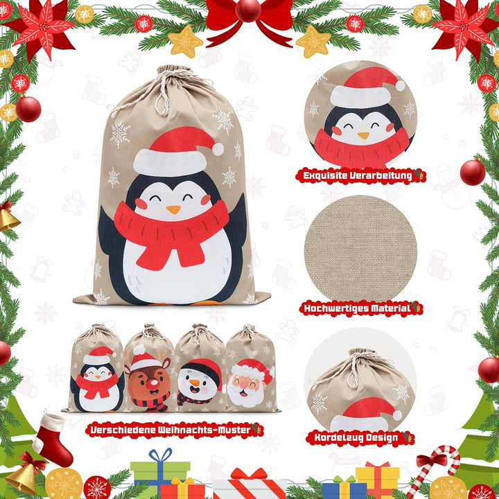 Irich 4 Stück Geschenktüten Weihnachten,Weihnachtsgeschenktüten 35 x 50 cm, Weihnachtsmann-Sack aus