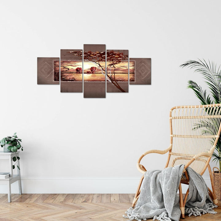 Runa Art Wandbilder Afrika Elefant 5 Teilig Bild auf Vlies Leinwand Deko Wohnzimmer Schlafzimmer Sav