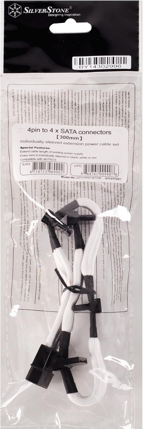 SilverStone SST-PP07-BTSW - Netzteilverlängerungskabel 30cm Molex auf 4x SATA, weiss, SST-PP07-BTSW